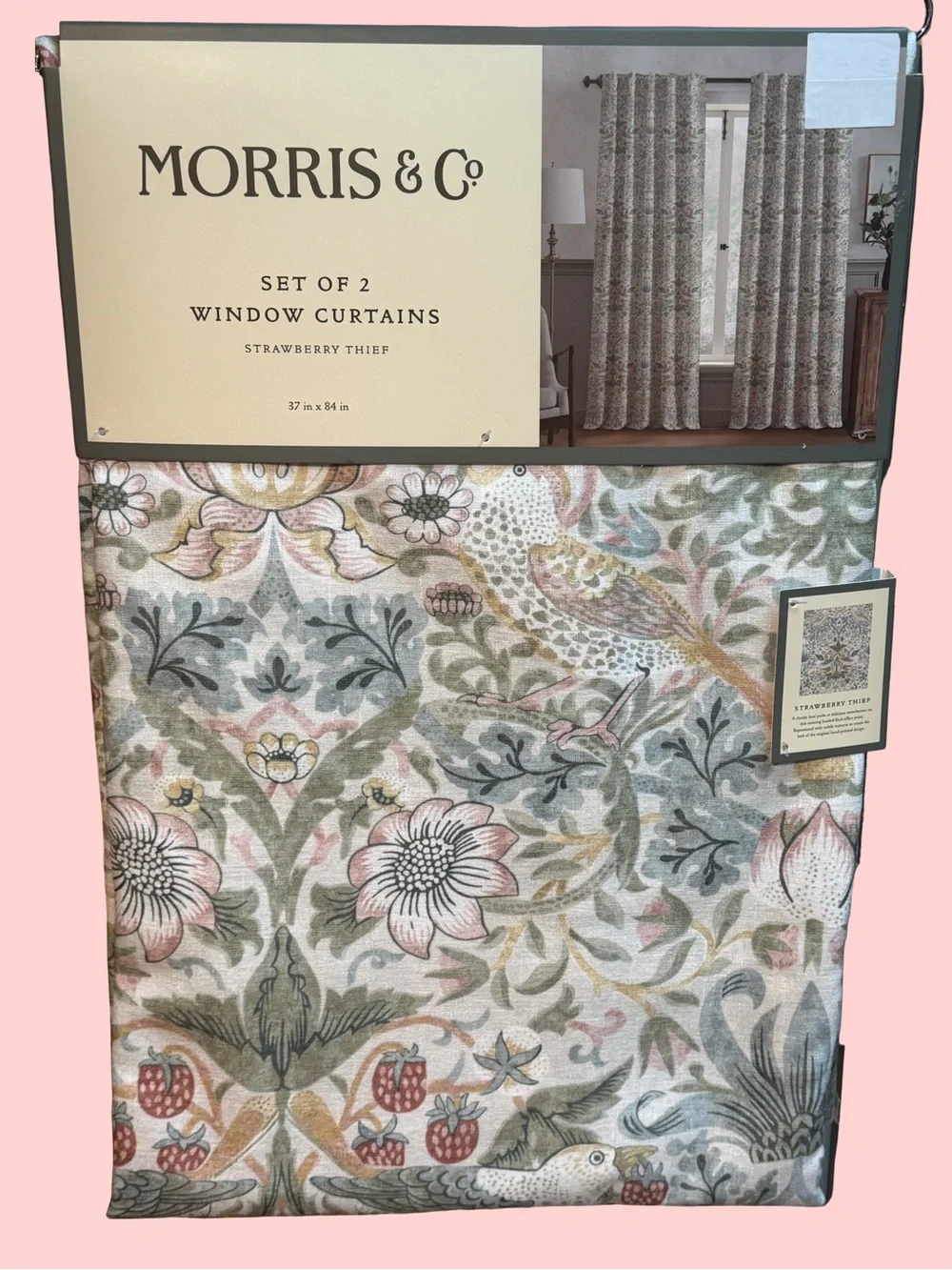 Morris & Co. NWT Strawberry Thief Floral Window Curtain Set 37” x 84” 2 Panels